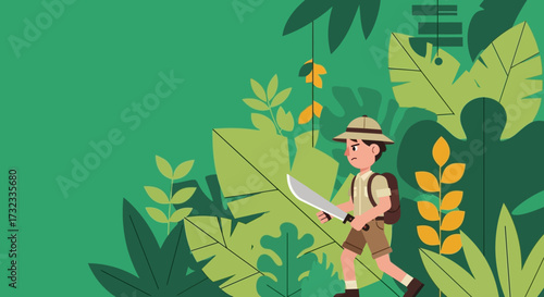 Illustration of a young explorer with a machete in a lush jungle.