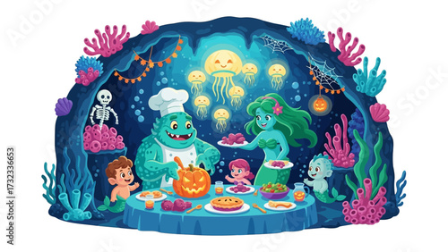 Magical Underwater Feast: A vibrant illustration of a fantastical underwater banquet, where a whimsical chef prepares dishes for mermaids and guests in a magical underwater cave.