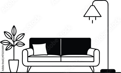 a modern living room interior with sofa and plants line art.
