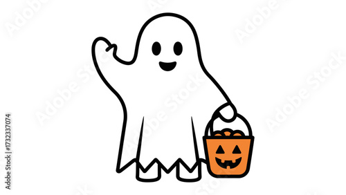 Halloween Ghost with Pumpkin Bucket: An adorable Halloween ghost, carrying a pumpkin bucket, captured in a minimalist line art, evokes the playful spirit of All Hallows' Eve.