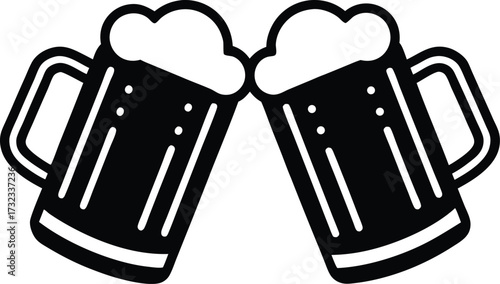  Clinking Beer Mugs with Foam Outline Illustration