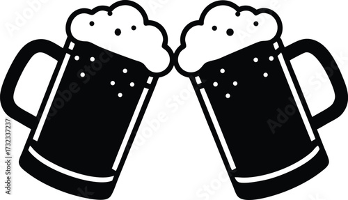  Clinking Beer Mugs with Foam Outline Illustration