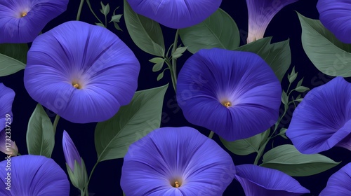 Seamless Pattern of Realistic Morning Glory Flowers with Lush Green Leaves on Dark Background