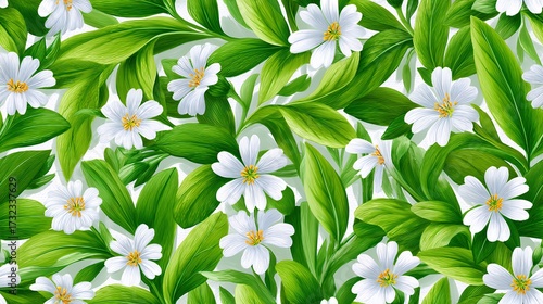 Seamless Pattern of White Flowers and Green Leaves on a White Background