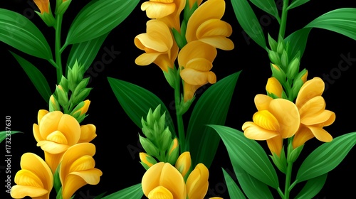 Seamless Pattern of Yellow Flowers and Green Leaves on Black Background