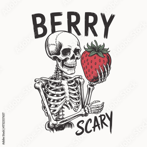 Humorous vintage illustration of human skeleton holding giant strawberry with playful pun berry scary concept spooky halloween theme quirky retro engraving style artwork funny fruit design creative ca