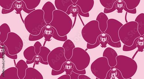 Pattern of orchid flowers in shades of pink, graphic style