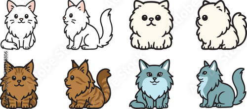 Cute Cartoon Cats Collection with Various Breeds and Colors.