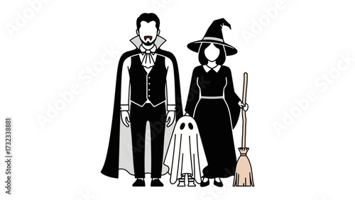 Spooky Trio: A graphic representation of a vampire, witch, and ghost is depicted, perfect for Halloween or horror themed concepts.
