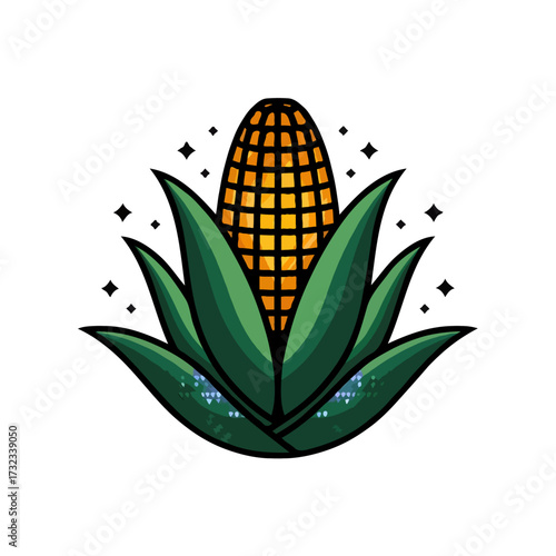 Stylized corn cob with green leaves isolated on white background