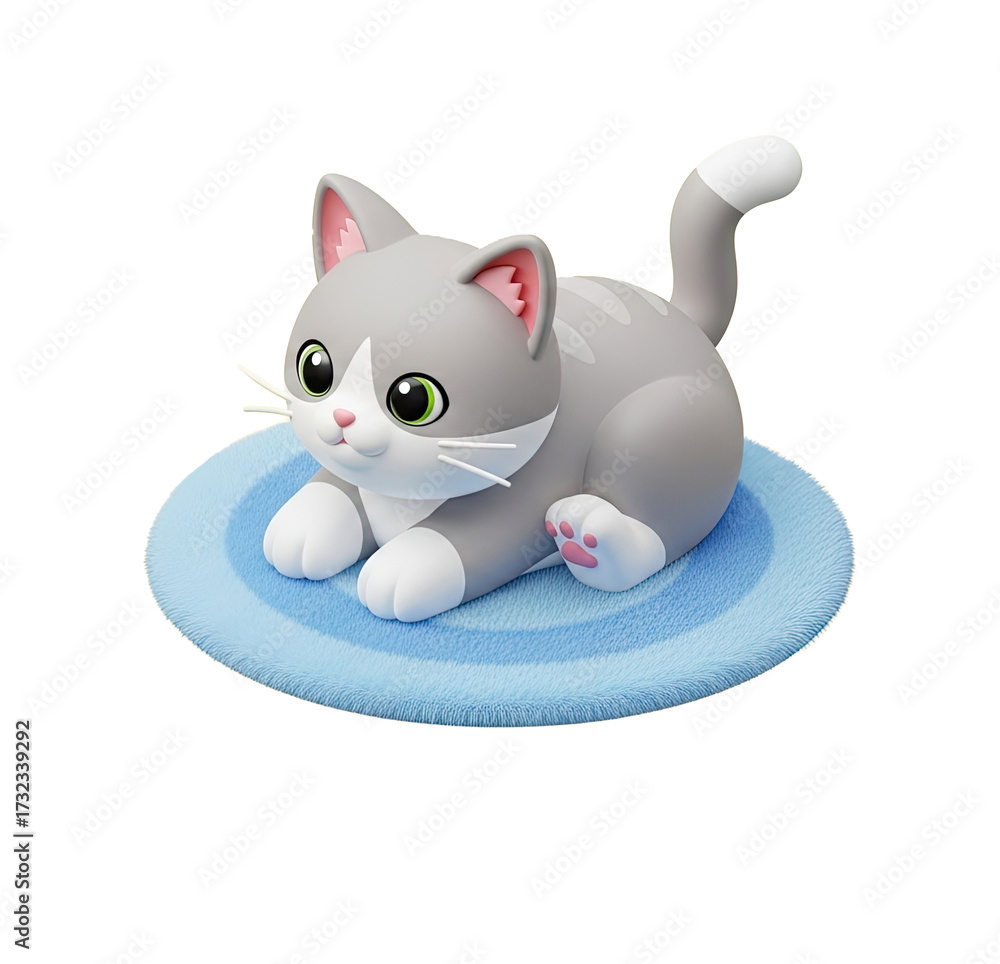 Fototapeta premium A cute gray and white kitten sitting on a blue circular rug.