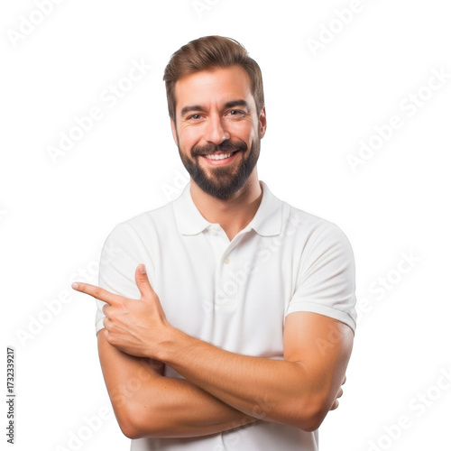 Smiling man in white polo shirt pointing left suggesting a concept or idea isolated on transparent background