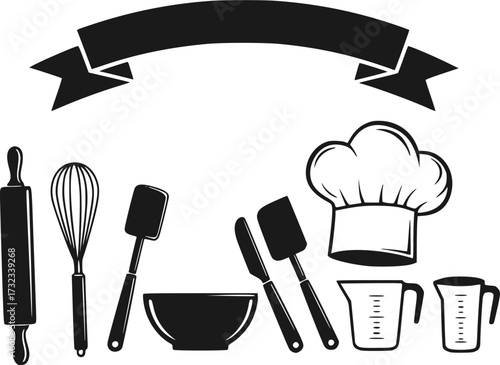 Baking tools and chef hat with banner vector illustration.
