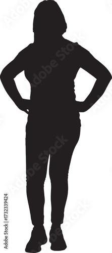 vector, silhouette of front view of a woman standing arms akimbo