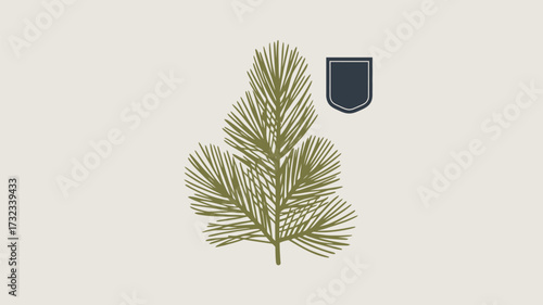 A simple illustration of a pine branch with needles and a shield on a light background design art