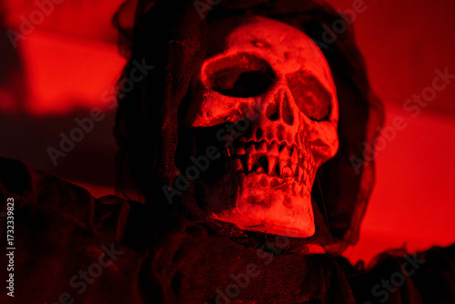 Close-up skull in a hooded cloak under deep red light at night. Spooky Halloween decoration with dramatic shadows and texture.