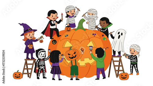 Halloween Festivities: A gathering of children in vibrant Halloween costumes enthusiastically adorn a colossal pumpkin, infusing the scene with joy and creative energy.