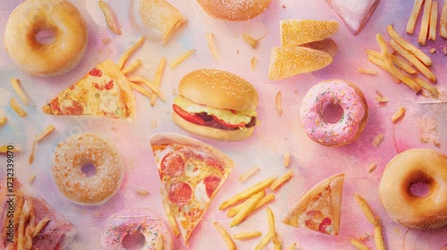 Artistic junk food background, watercolor and digital painting blend of fries, burgers, donuts, and pizza, soft pastel colors with textured canvas effect, creative advertising composition.