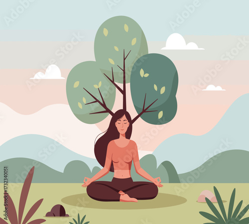 Wallpaper Mural Vector art of a serene woman meditates peacefully beneath a blossoming tree, finding inner peace and tranquility in a natural setting, surrounded by gentle hills and floating clouds, embodying mindful Torontodigital.ca