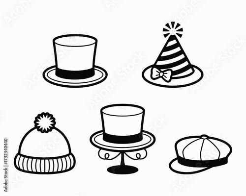 A Collection of Hats in Cartoon Style Black and White Art Featuring a Top Hat, Party Hat, and Winter Hat