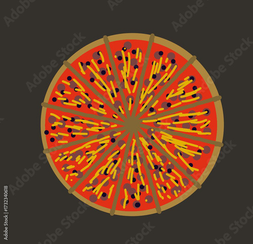 Stylized pizza with cheese and sausage.