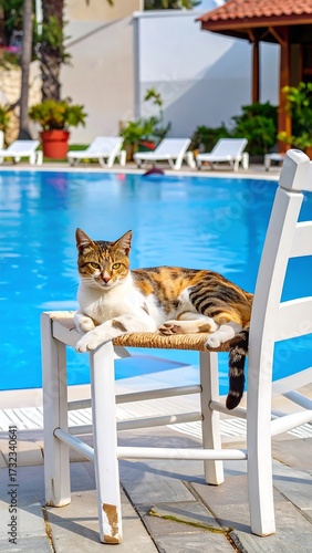 Cat relaxing by a pool