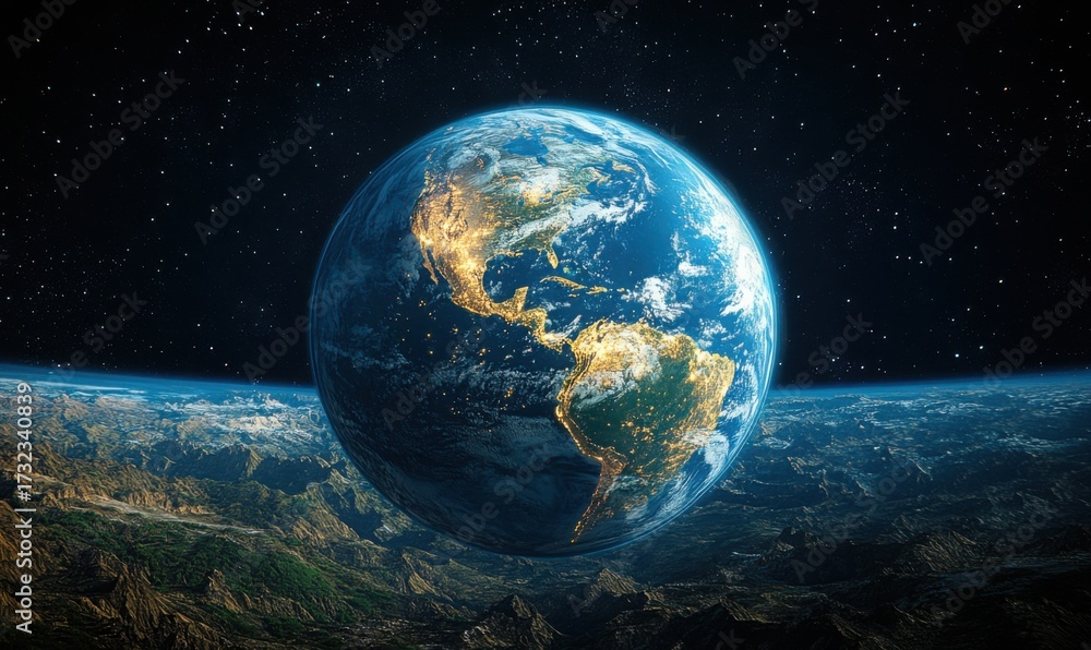 Fototapeta premium Vibrant earth orb floating in cosmic expanse with starry void