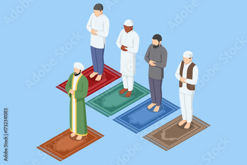 Isometric illustration of Muslim group and imam standing in prayer, hands crossed. Traditional Islamic salah inside mosque.