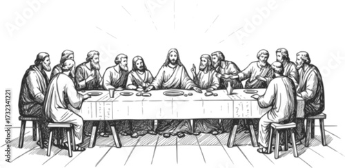 Hand-Drawn Vintage Sketch of The Last Supper – Jesus Christ with Twelve Apostles at the Table, Religious Fresco Vector Illustration
