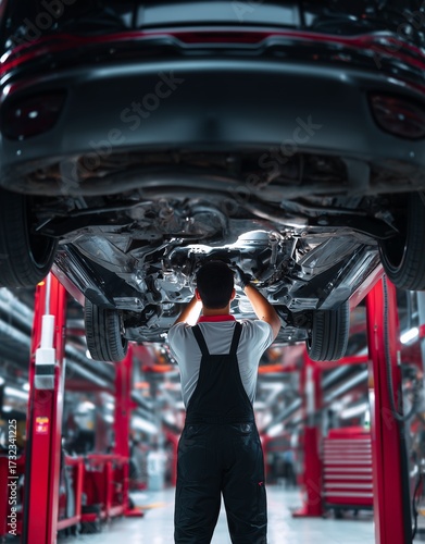 Mechanic working under a car in an automotive repair shop during daytime