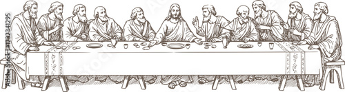 Hand-Drawn Vintage Sketch of The Last Supper – Jesus Christ with Twelve Apostles at the Table, Religious Fresco Vector Illustration
