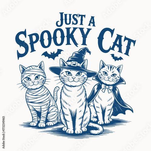 Funny vintage illustration of three spooky cats wearing Halloween costumes including mummy bandages, witch hat, and vampire cape with bats and humorous theme retro engraving style cartoon feline artwo