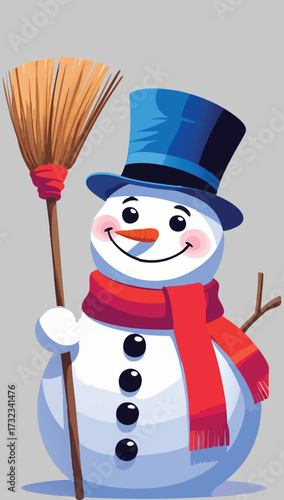 snowman with a vibrant red scarf and a blue top hat, smiling with a cheerful expression, holding a sturdy broomstick 3.eps, snowman with a vibrant red scarf and a blue top hat, smiling with a cheerful