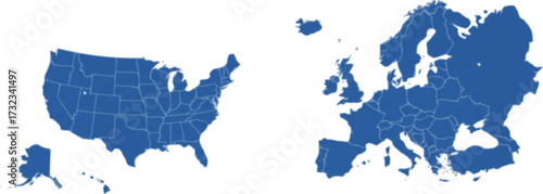 Vector illustration of USA and Europe maps in blue shades, showcasing geographical outlines with a modern, minimalist design on white background.
