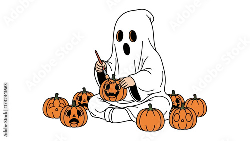 Ghost carving Halloween pumpkin: A whimsical illustration of a playful ghost meticulously carving a jack-o'-lantern amid a collection of pumpkins, embodying the essence of Halloween.