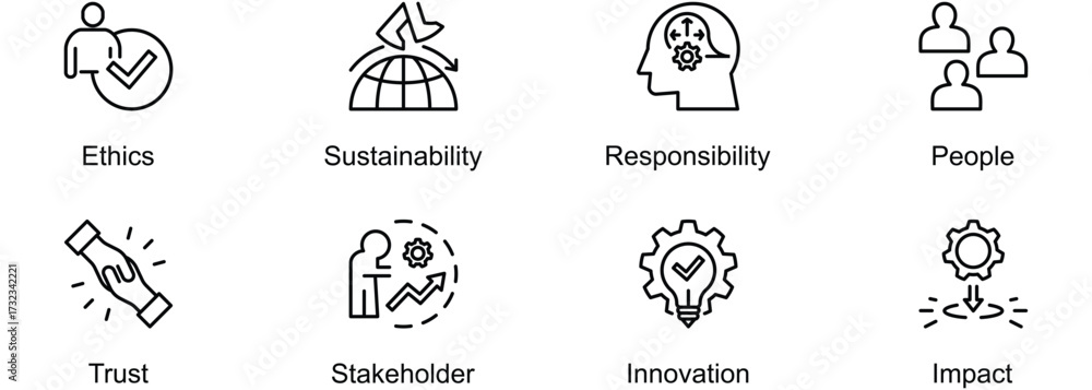 Fototapeta premium Purposeful Business banner web icon vector illustration of Ethics, Sustainability, Responsibility, People, Trust, Stakeholder, Innovation, Impact