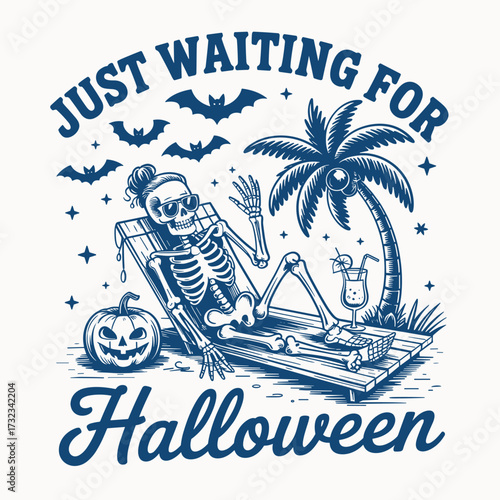 Funny Halloween skeleton lounging on tropical beach chair under palm tree with cocktail and jack o lantern pumpkin surrounded by flying bats festive spooky yet humorous holiday design illustration per