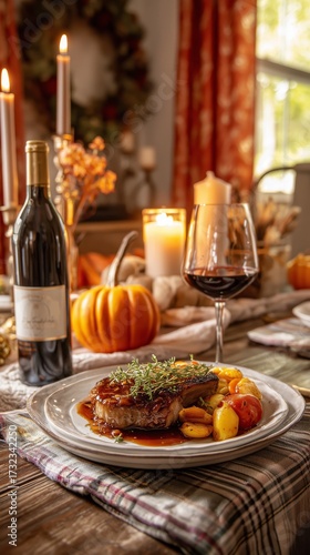 Delicious autumn dinner with roast meat, seasonal vegetables, and elegant table setting in a cozy home atmosphere
