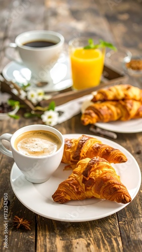 A breakfast scene with coffee, croissants, and orange juice