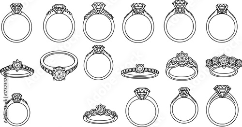 diamond studded engagement rings vector set, wedding ring symbolizing love and commitment. Variety of designs, from classic solitaires to intricate patterns