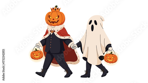 Spooky companions: An illustration of a pumpkin-headed figure and a ghost, holding hands and trick-or-treating, creating an image of the Halloween spirit. 