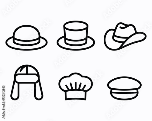 Collection of Six Different Hats in Bold Black Outline Style Depicting a Variety of Headwear Including a Fedora, Chef Hat, and More