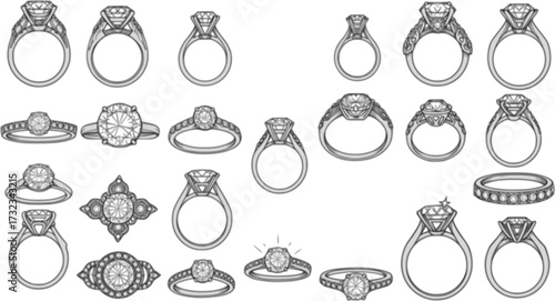 diamond studded engagement rings vector set, wedding ring symbolizing love and commitment. Variety of designs, from classic solitaires to intricate patterns
