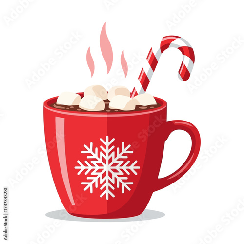Vector illustration of christmas sublimation vector art of red mug of hot chocolate with marshmallows and candy cane