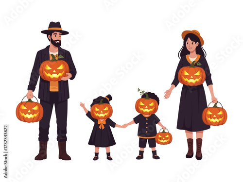 Happy Halloween Family: A family's excitement for Halloween as they proudly display carved jack-o'-lanterns, capturing the spirit of the holiday with warmth and joy.