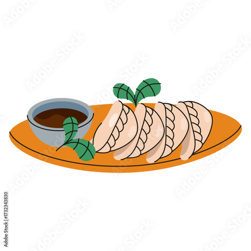 Vector Chinese dumplings or traditional China food. Steamed gyoza or fried jiaozi with soy sauce. Dough wrapper for meal. Dish for festive or meal for celebration. Asian dish or cuisine. Culinary.