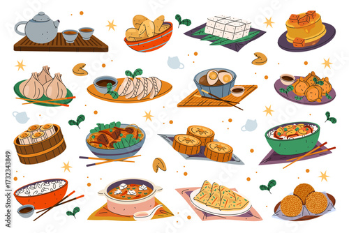 Set of vector Chinese food or Asian meal. Pastry and bakery, dessert and vegetable China dish. Vegetable appetizer and meat snack. Fondue and dumpling, tea and mooncake, tofu and rice, roll. Cooking.