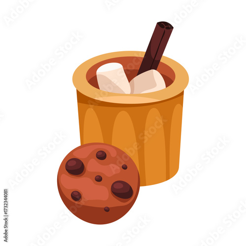Cocoa drink with marshmallow and cookie. Vector chocolate beverage in cup or mug with biscuit snack. Cafe and restaurant, bakery shop, store sign. Drink with sweet confectionery. Snack for coffeehouse