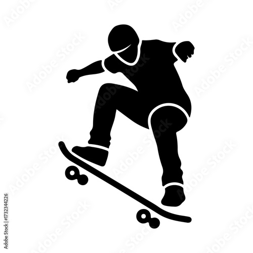 Minimalist Black Silhouette Skateboarder Action Flat Vector Graphic