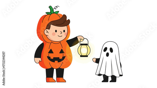Halloween Friendship: In a captivating cartoon scene, a boy in a pumpkin costume and a friendly ghost share a lantern, embodying the fun spirit of Halloween.